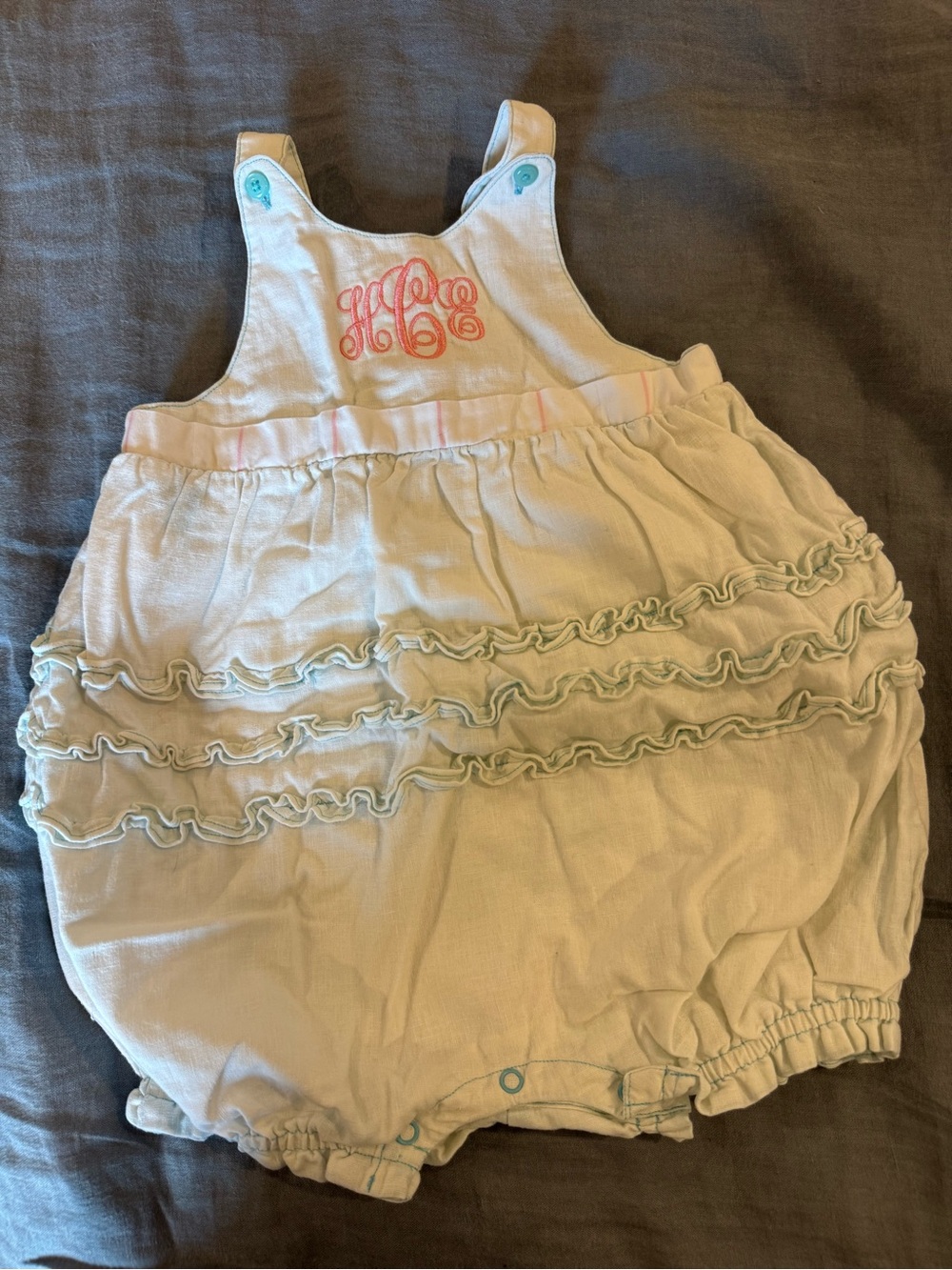 Adjustable Janie & Jack Layette/Romper with Pink Monogram “HCE” & Ruffle detail